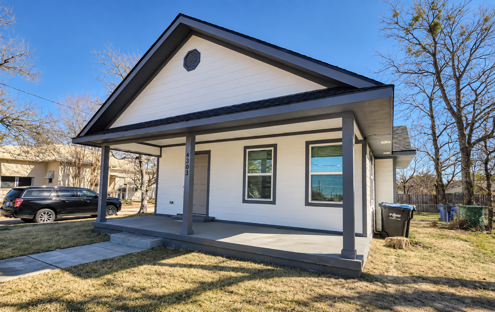 Modern Bungalow Exterior in Spring Sunshine
